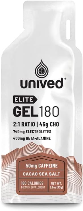 Unived Elite Gel 180:1 Energy Gel for Endurance Athletes - Cocoa Sea Salt Flavor with Beta Alanine & Electrolytes - Pack of 6