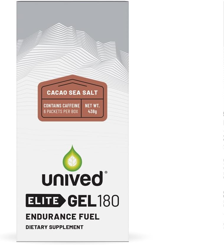 Unived Elite Gel 180:1 Energy Gel for Endurance Athletes - Cocoa Sea Salt Flavor with Beta Alanine & Electrolytes - Pack of 6