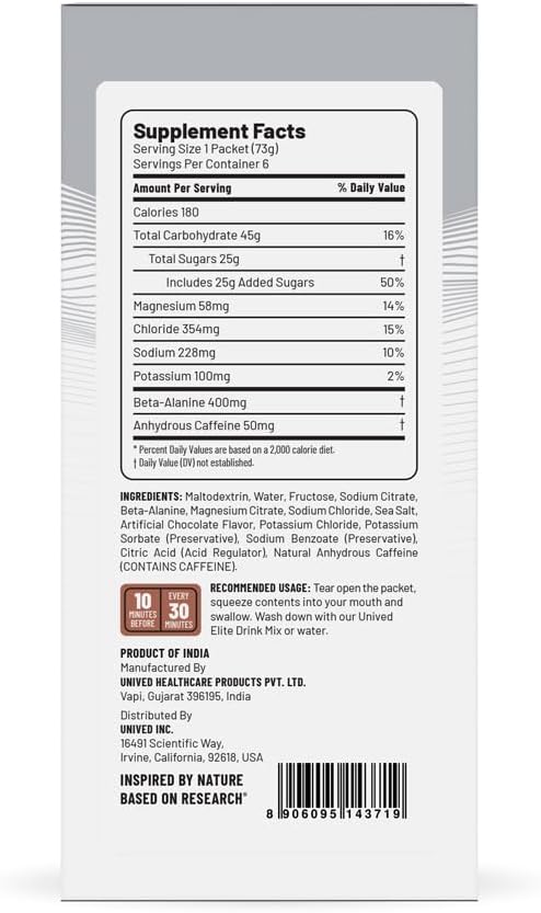 Unived Elite Gel 180:1 Energy Gel for Endurance Athletes - Cocoa Sea Salt Flavor with Beta Alanine & Electrolytes - Pack of 6