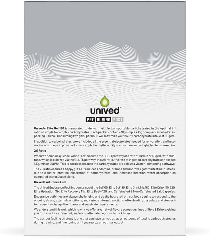Unived Elite Gel 180:1 Energy Gel for Endurance Athletes - Cocoa Sea Salt Flavor with Beta Alanine & Electrolytes - Pack of 6