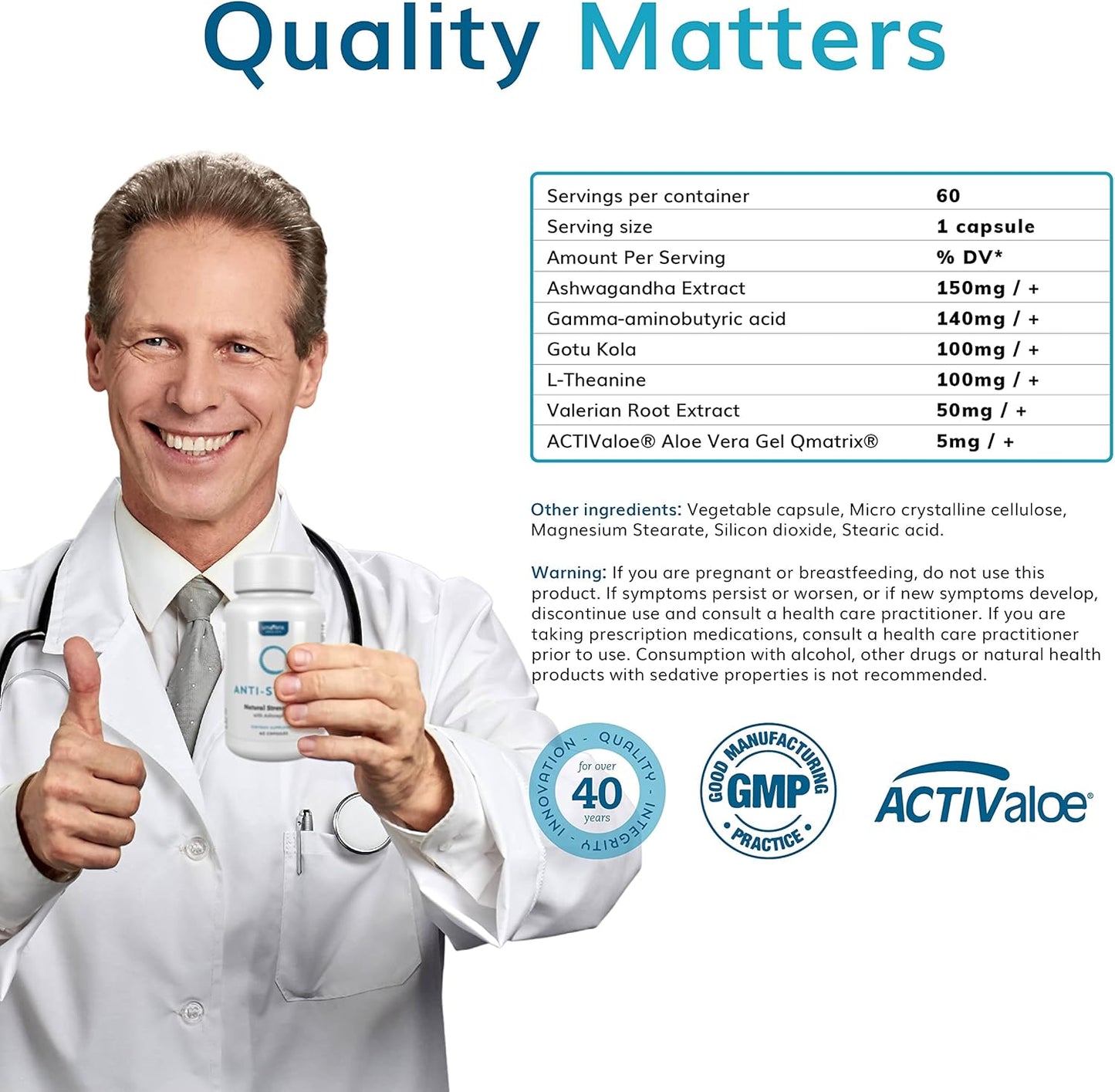 Univera Anti-Stress Supplement with Ashwagandha, GABA, L-Theanine, Gotu Kola - 60 Capsules