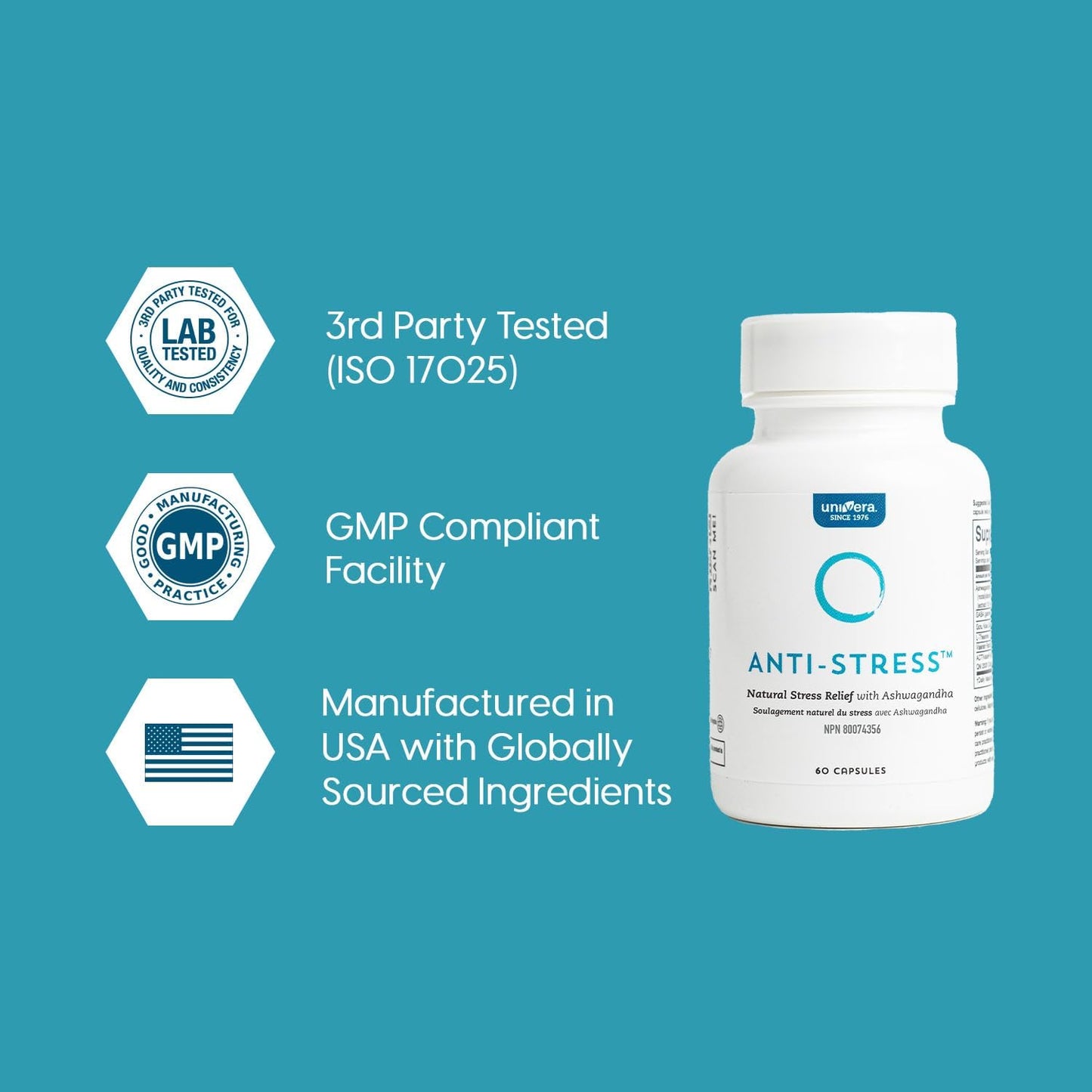 Univera Anti-Stress Supplement with Ashwagandha, GABA, L-Theanine, Gotu Kola - 60 Capsules