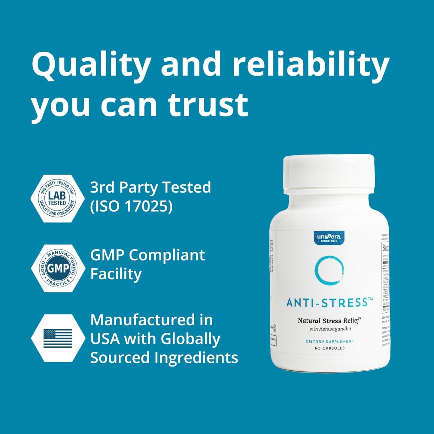 Univera Anti-Stress Supplement with Ashwagandha, GABA, L-Theanine, Gotu Kola - 60 Capsules