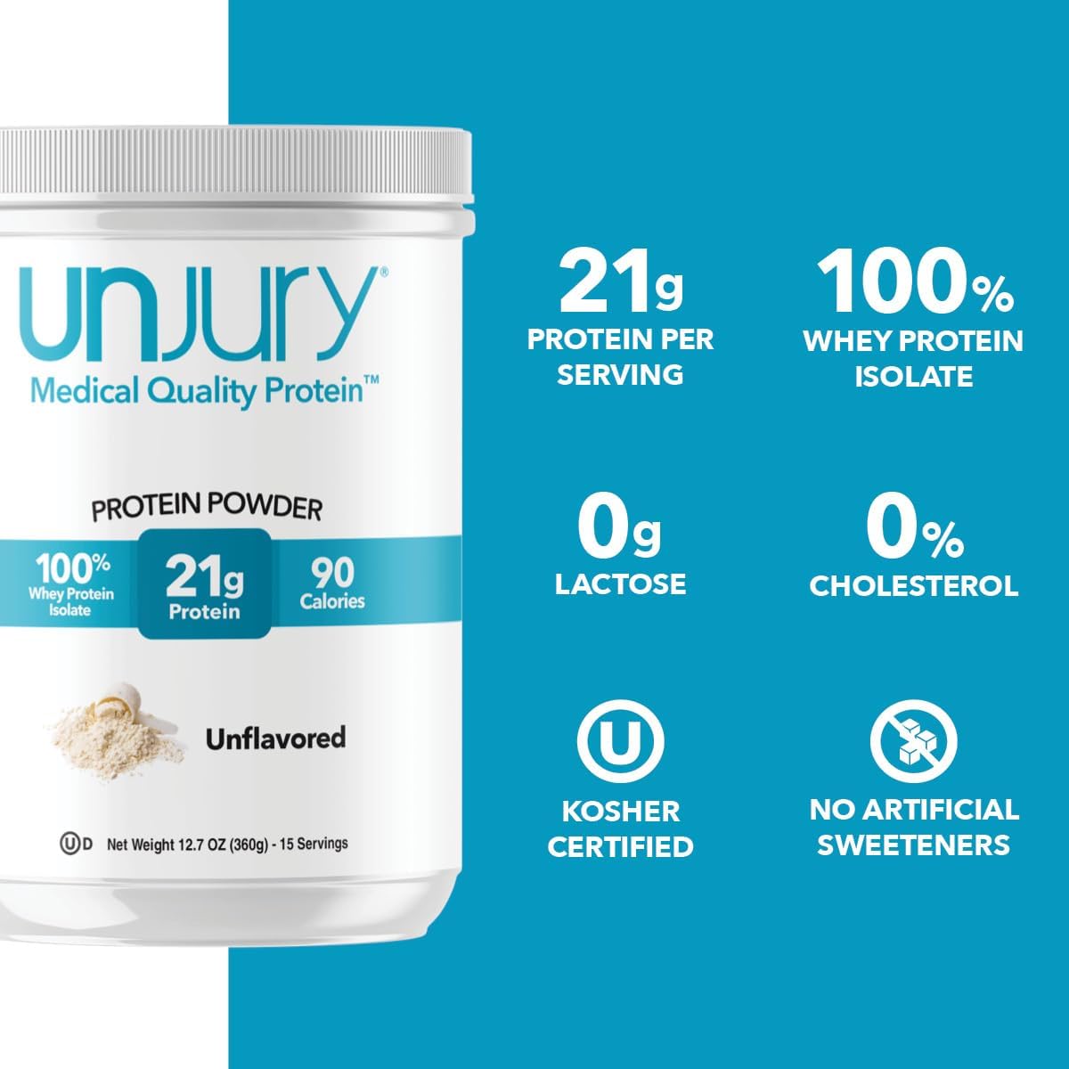 Unjury Unflavored Whey Protein Isolate Powder - 21g Protein | Low Carb, Sugar Free, Gluten-Free | Kosher Certified - 15 Servings