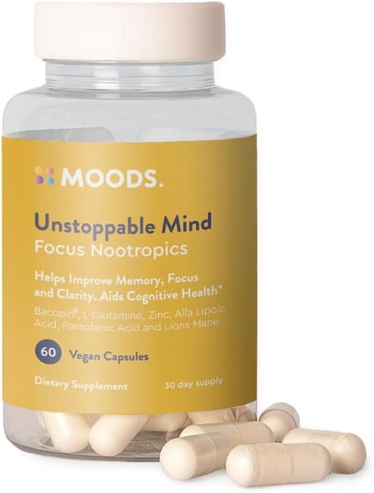 Unstoppable Mind Nootropics: Boost Energy, Memory, Focus | Bacopin, L-Glutamine, Lion's Mane | 60 Vegan Capsules