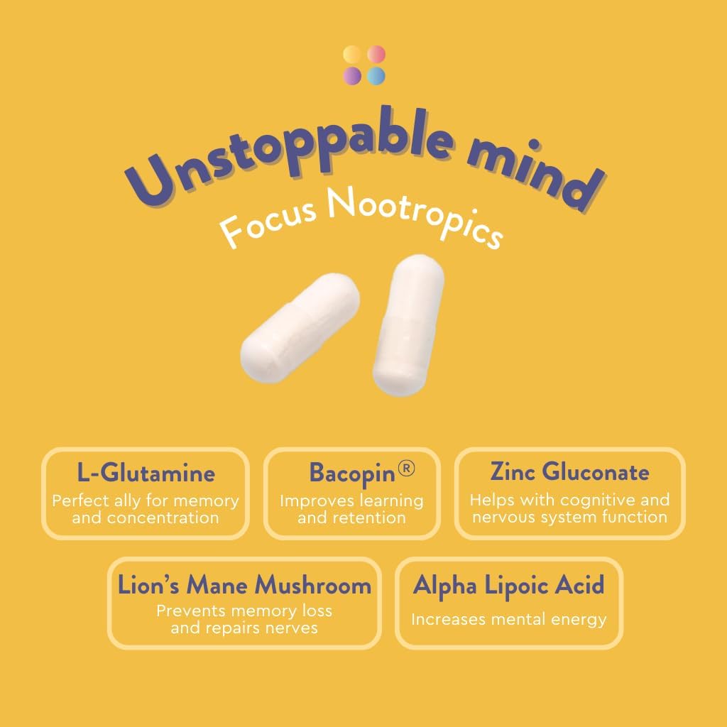 Unstoppable Mind Nootropics: Boost Energy, Memory, Focus | Bacopin, L-Glutamine, Lion's Mane | 60 Vegan Capsules
