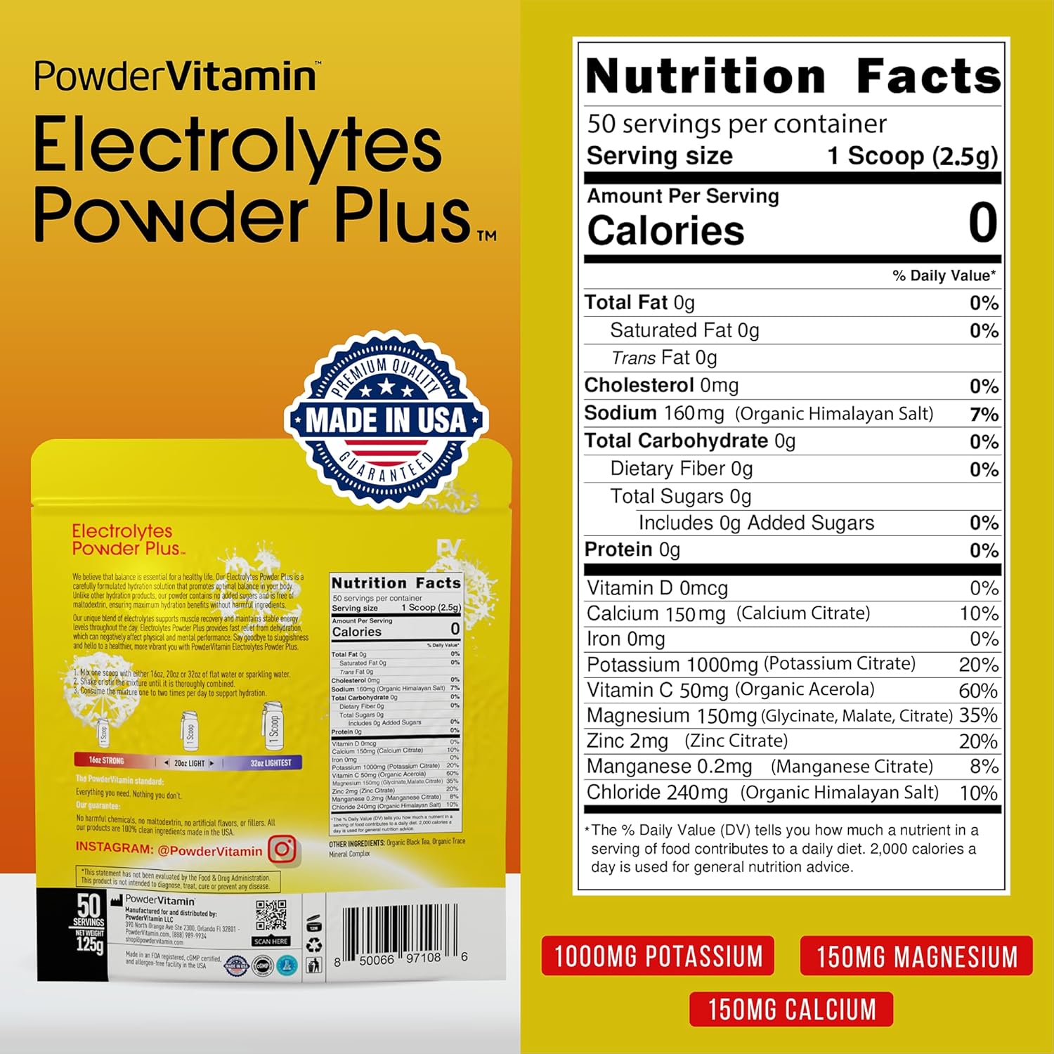 Unsweetened Black Tea Electrolyte Powder with 1000mg Potassium - Keto-Friendly & Sugar-Free - 50 Servings - Hydration Powder with Pink Himalayan Salt & Magnesium