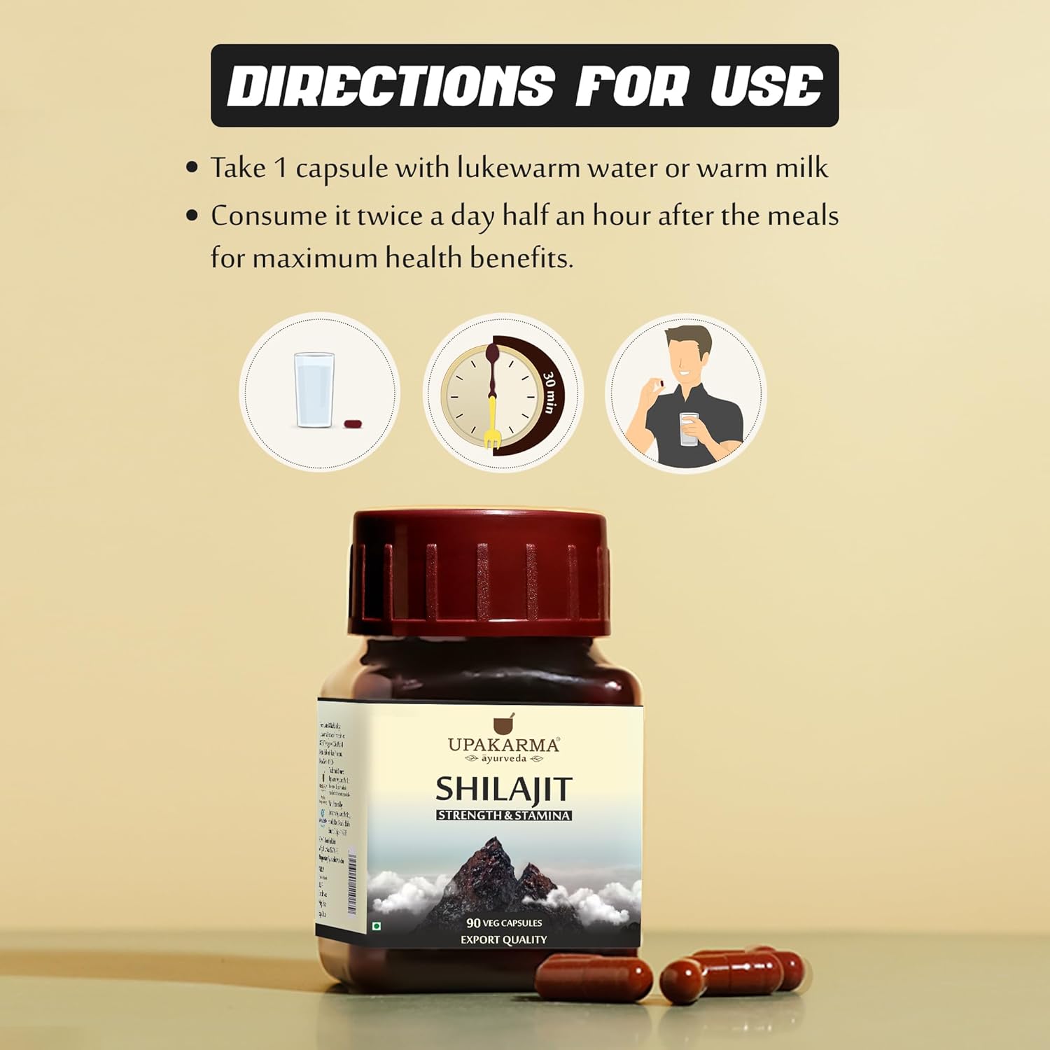 Upakarma Ayurveda Shilajit Capsules - 1000mg for Strength & Stamina - 90 Capsules, 45 Day Supply - Natural Immune Support & Trace Minerals