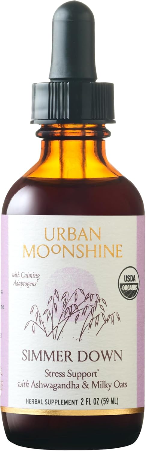 Urban Moonshine Simmer Down Tonic with Ashwagandha & Milky Oats for Stress Relief - Calm Nervousness & Irritability - Mood Support - Gluten Free Herbal Supplement - 2 Fl Oz