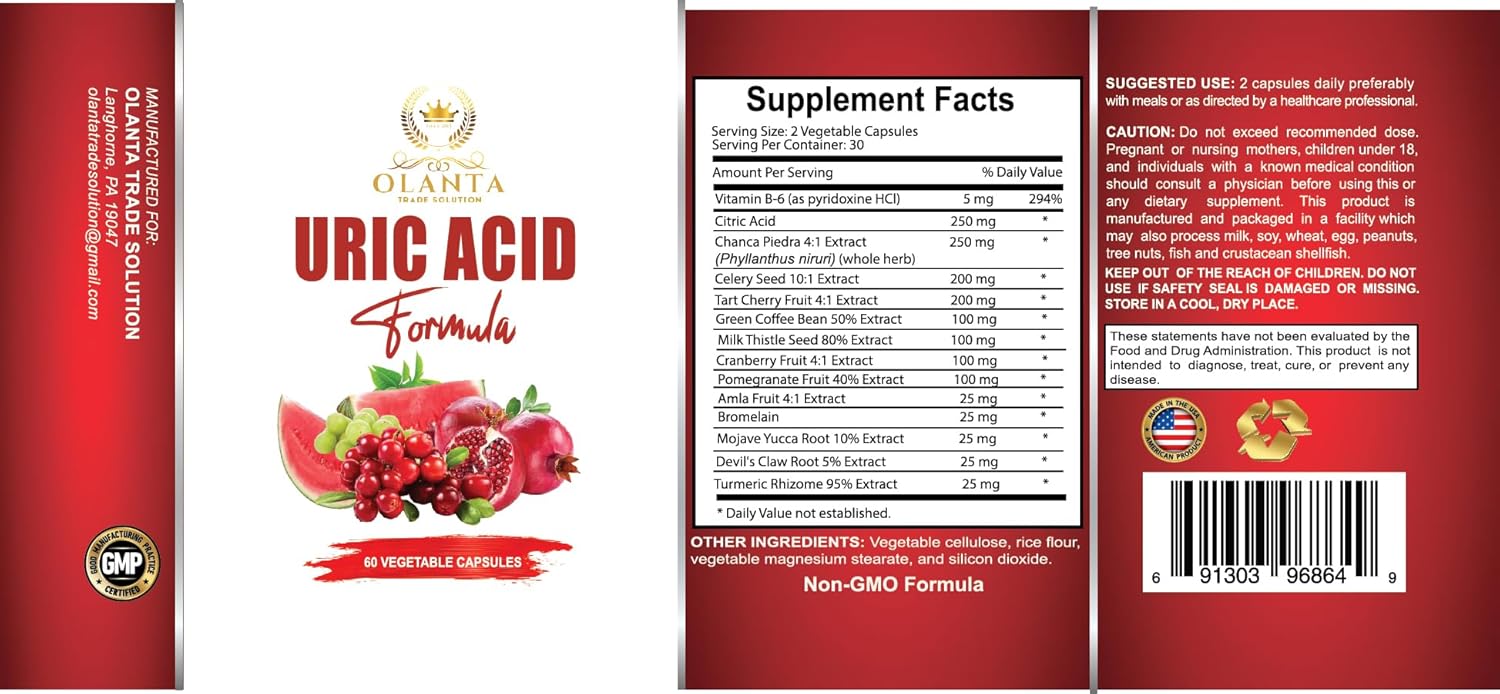 Uric Acid Cleanse Formula Capsules - Water Retention Relief with Celery Seed Extract, Milk Thistle, Turmeric - 60 Capsules