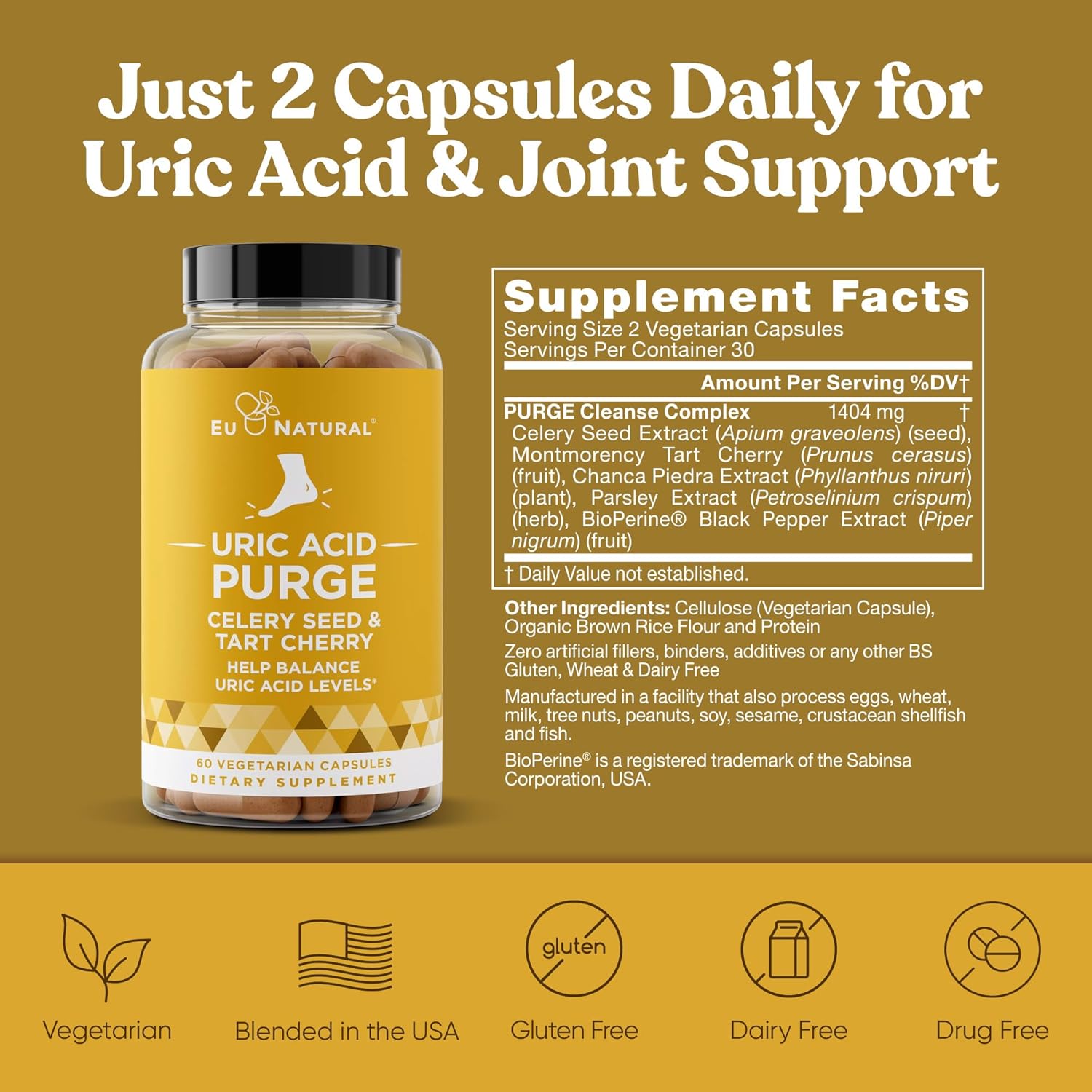 Uric Acid Flush Capsules with Celery Seed Extract & Tart Cherry for Joint Support & Mobility - 120 Soft Vegan Capsules