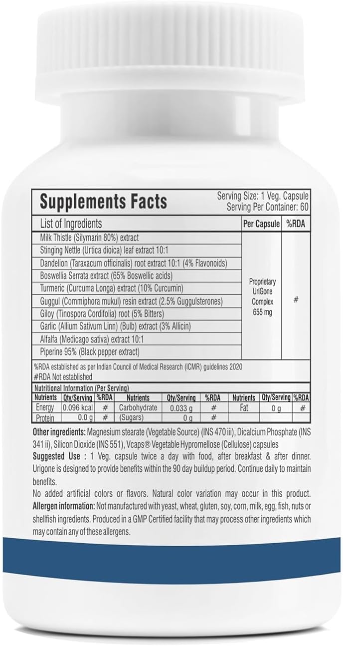 URIGONE Advanced Uric Acid Support Supplement - Natural Formula (60 Veg Caps)