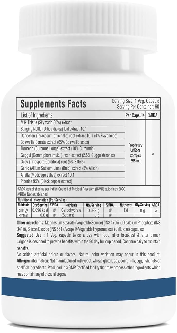 URIGONE Advanced Uric Acid Support Supplement - Natural Formula (60 Vegetarian Capsules)