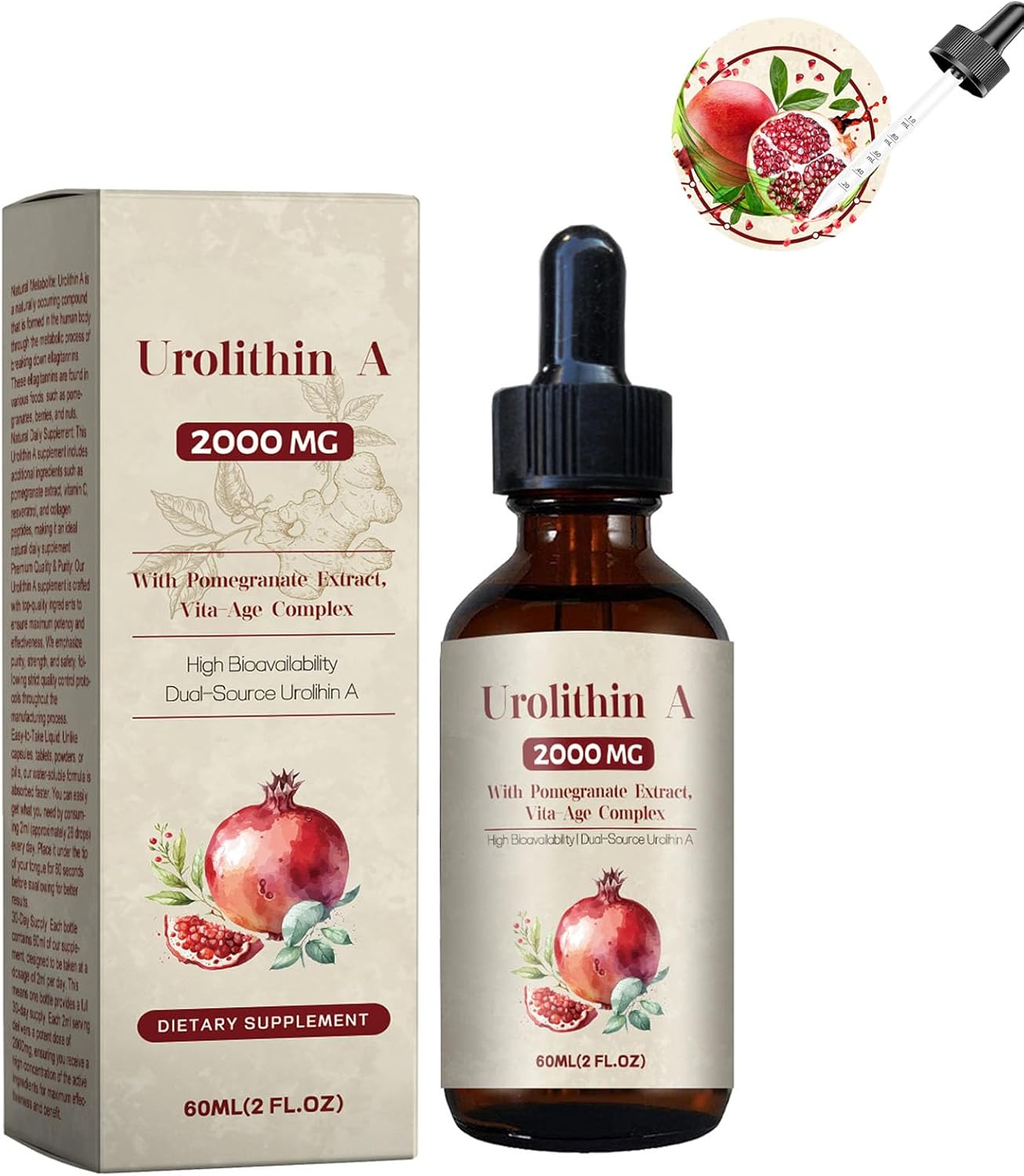 Urolithin A Liquid Drops with Pomegranate Extract - High Bioavailability 2000MG Dual-Source Formula - 60ML (2 Fl Oz)