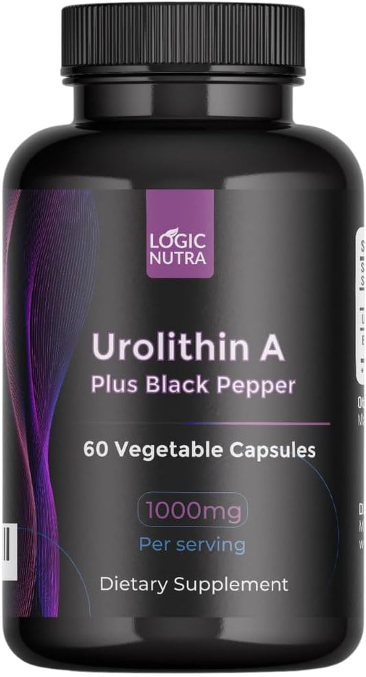 Urolithin A Plus Black Pepper Extract - 1000mg per Serving - 60 Veggie Capsules - Dietary Supplement by Logic Nutra
