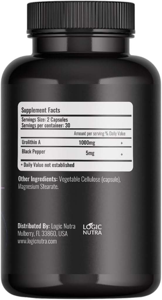 Urolithin A Plus Black Pepper Extract - 1000mg per Serving - 60 Veggie Capsules - Dietary Supplement by Logic Nutra