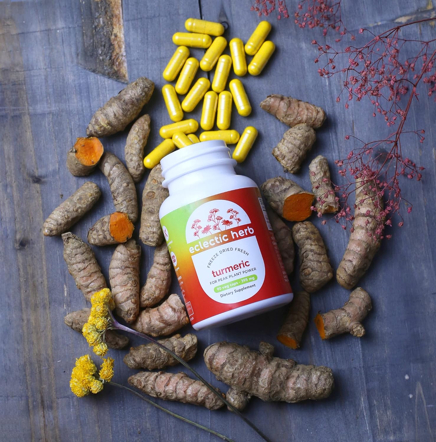 US-Grown Freeze-Dried Turmeric Capsules - 90 Count (395 mg) | Vegetarian, Non-GMO, Gluten-Free