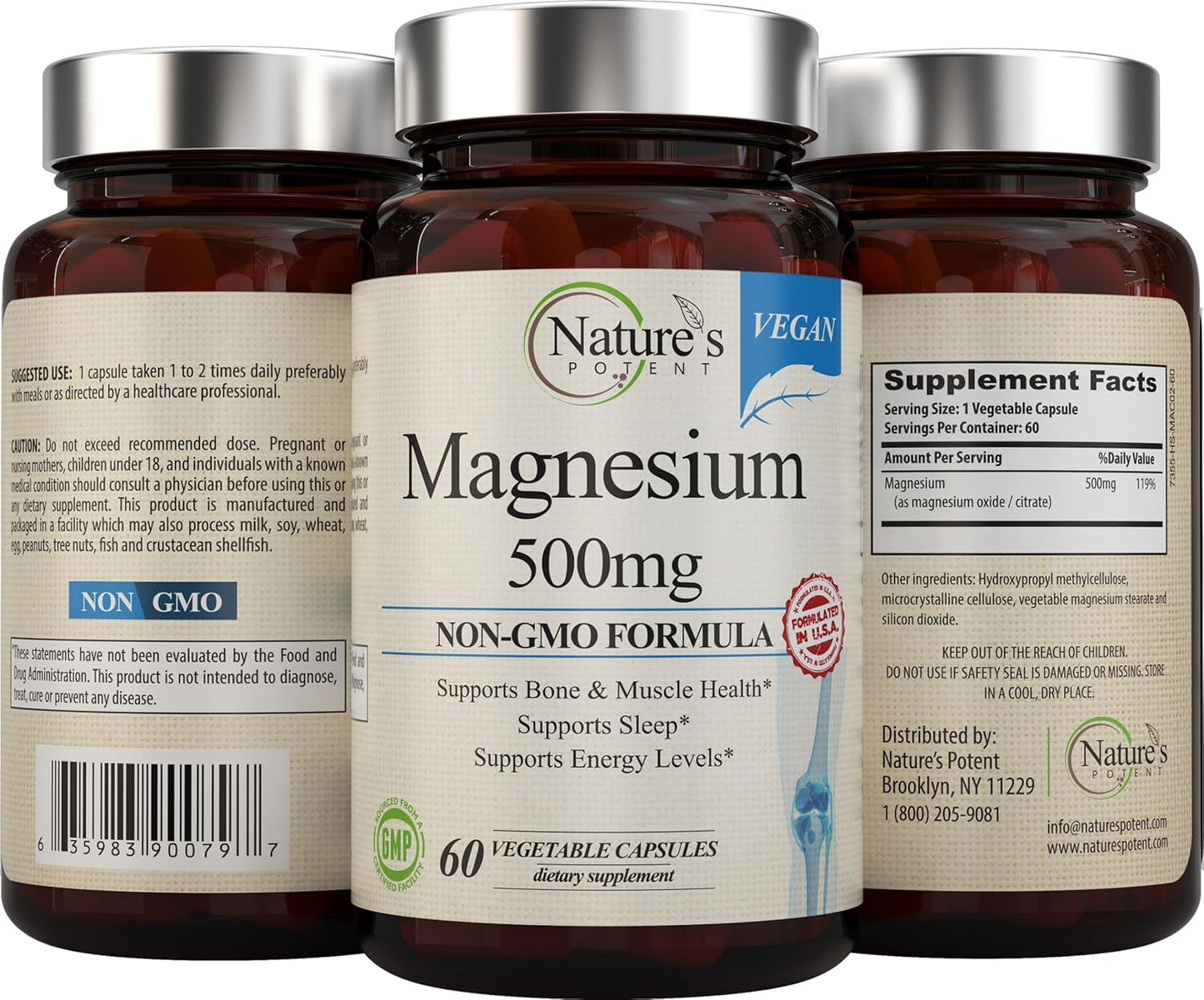 USA Made 500mg Magnesium Citrate & Oxide Capsules for Sleep Support | Vegan Magnesium Supplement for Women & Men by Nature's Potent