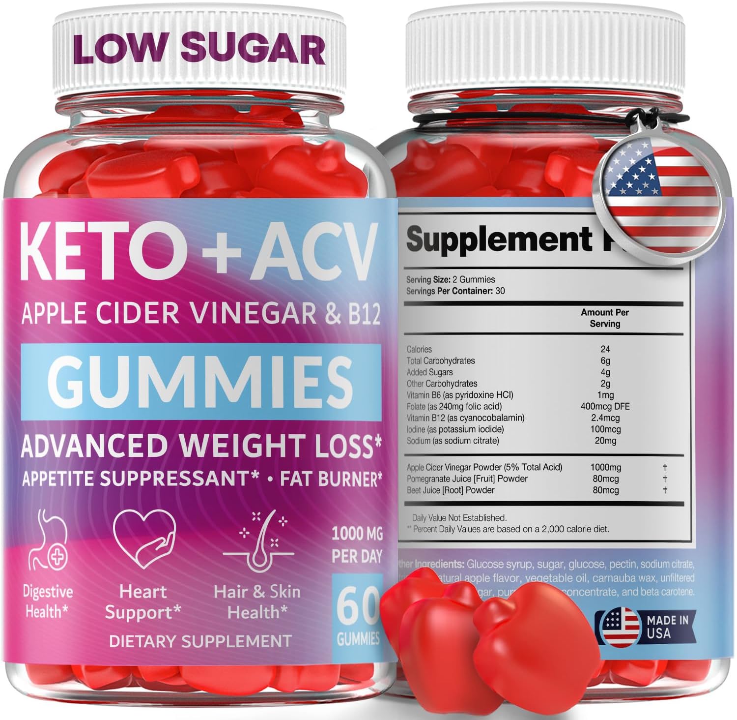 USA-Made Beilancy Keto ACV Gummies for Advanced Weight Loss - Vegan & Gluten-Free Apple Cider Vinegar Gummies for Digestion and Cleansing - 1000mg, 60 pcs