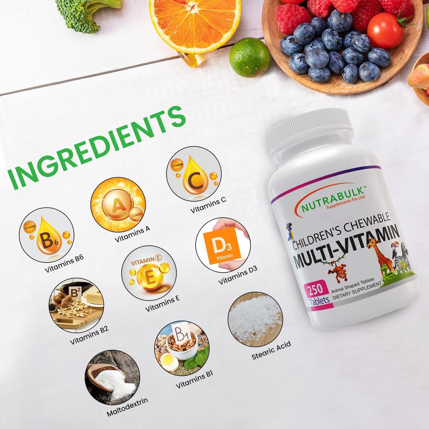 USA-Made Children’s Chewable Multi-Vitamins for Immune, Bone, Brain & Overall Well Being - Vegan & Gluten Free - 250 Cherry Tablets