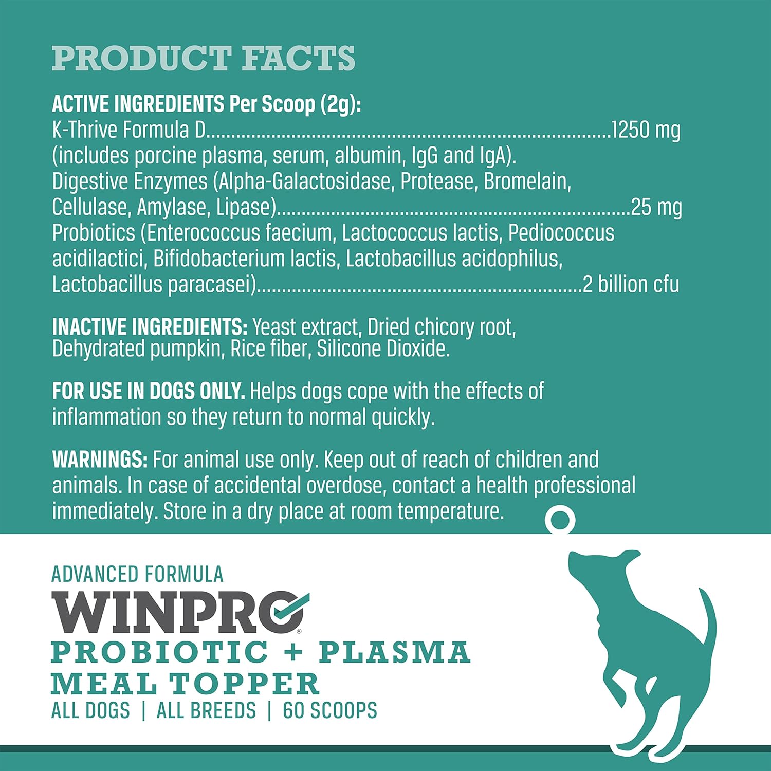 USA-Made Dog Probiotic Powder Meal Topper for Digestive Health, 60 Scoops, All Breeds & Sizes, Prebiotics & Probiotics