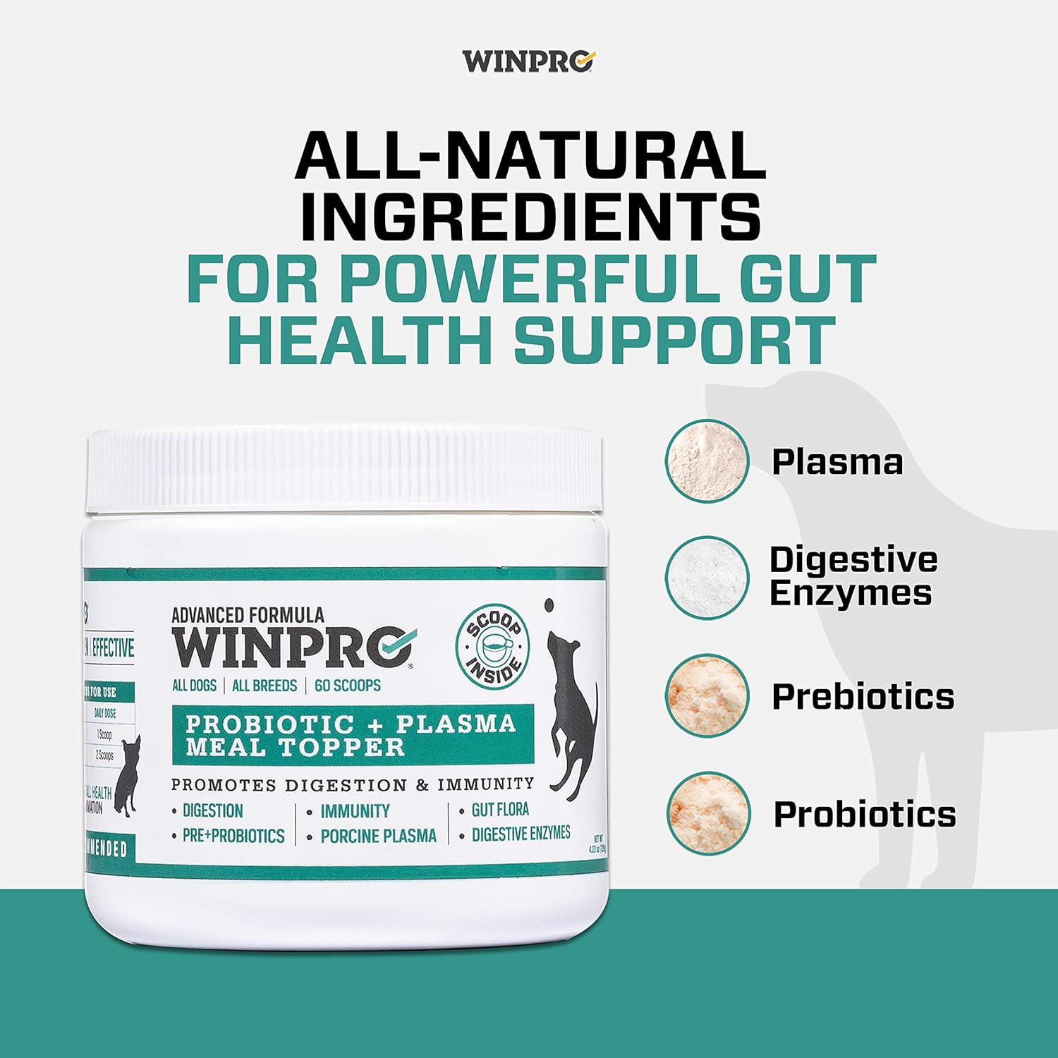 USA-Made Dog Probiotic Powder Meal Topper for Digestive Health, 60 Scoops, All Breeds & Sizes, Prebiotics & Probiotics