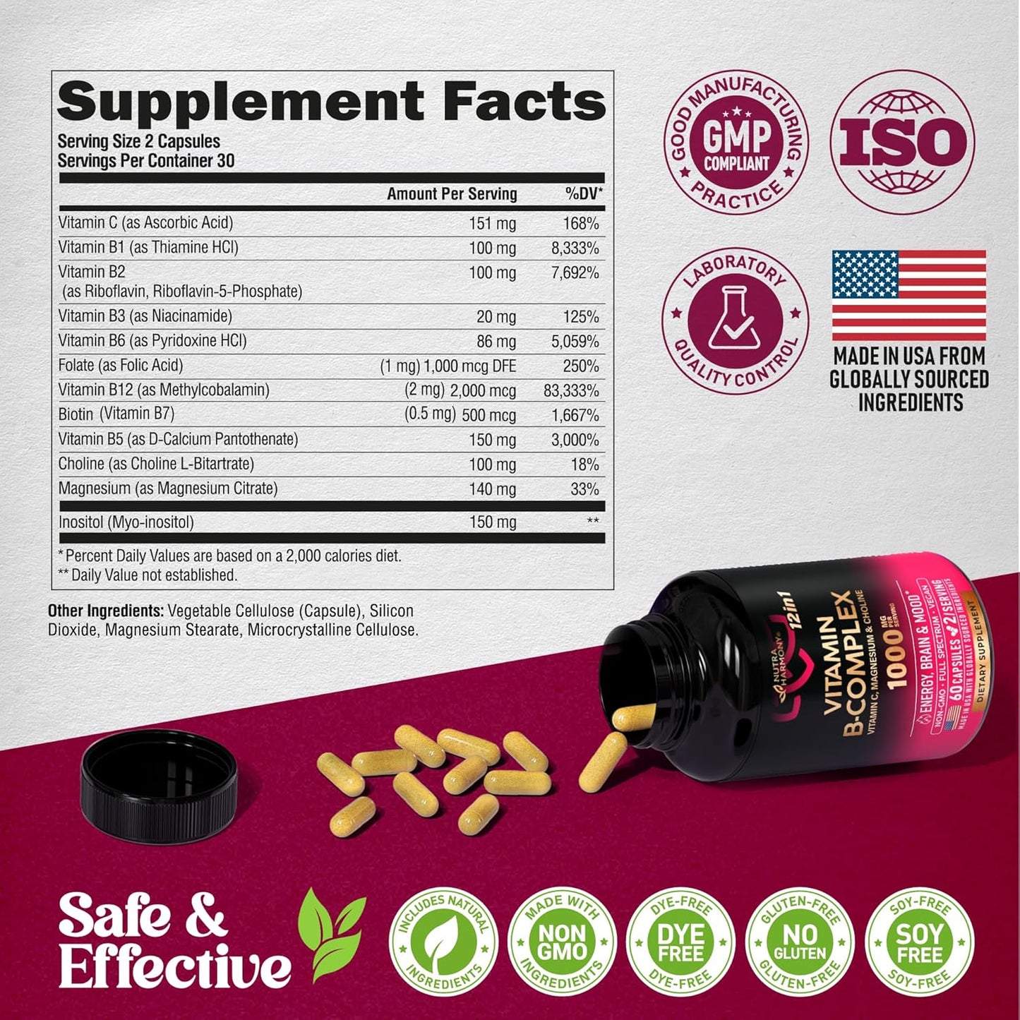 USA-Made Energy & Brain Support Vitamin B Complex for Men & Women - 60 Vegan Capsules with B1, B2, B3, B5, B6, B7, B8, B9, B12, Vitamin C, Choline & Inositol - Heart Health Supplement