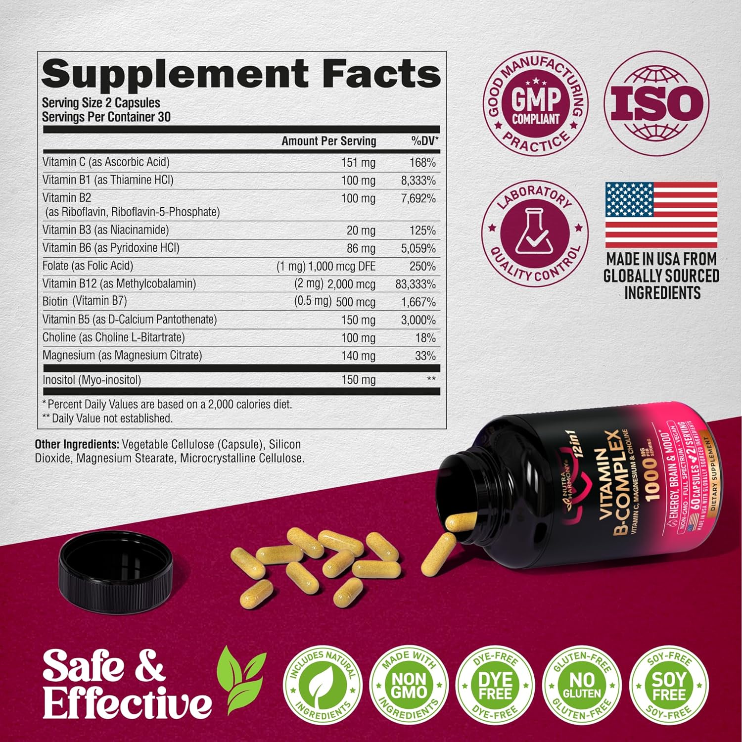 USA-Made Energy & Brain Support Vitamin B Complex for Men & Women - 60 Vegan Capsules with B1, B2, B3, B5, B6, B7, B8, B9, B12, Vitamin C, Choline & Inositol - Heart Health Supplement