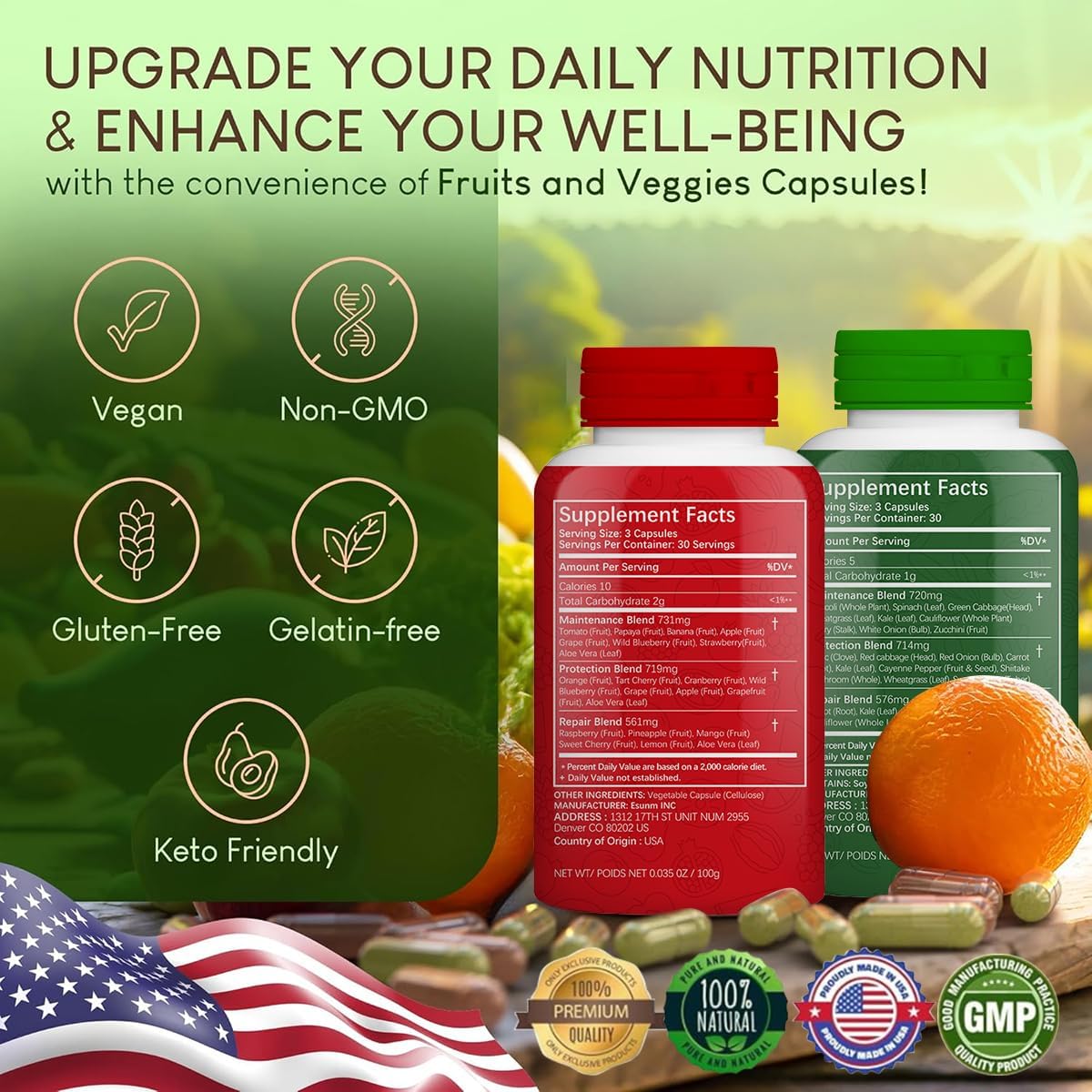 USA-Made ESUNM Fruits and Veggies Supplement - 90 Capsules Each for Energy, Lycopene, Vitamins & Minerals - Pack of 2 - 90 Count