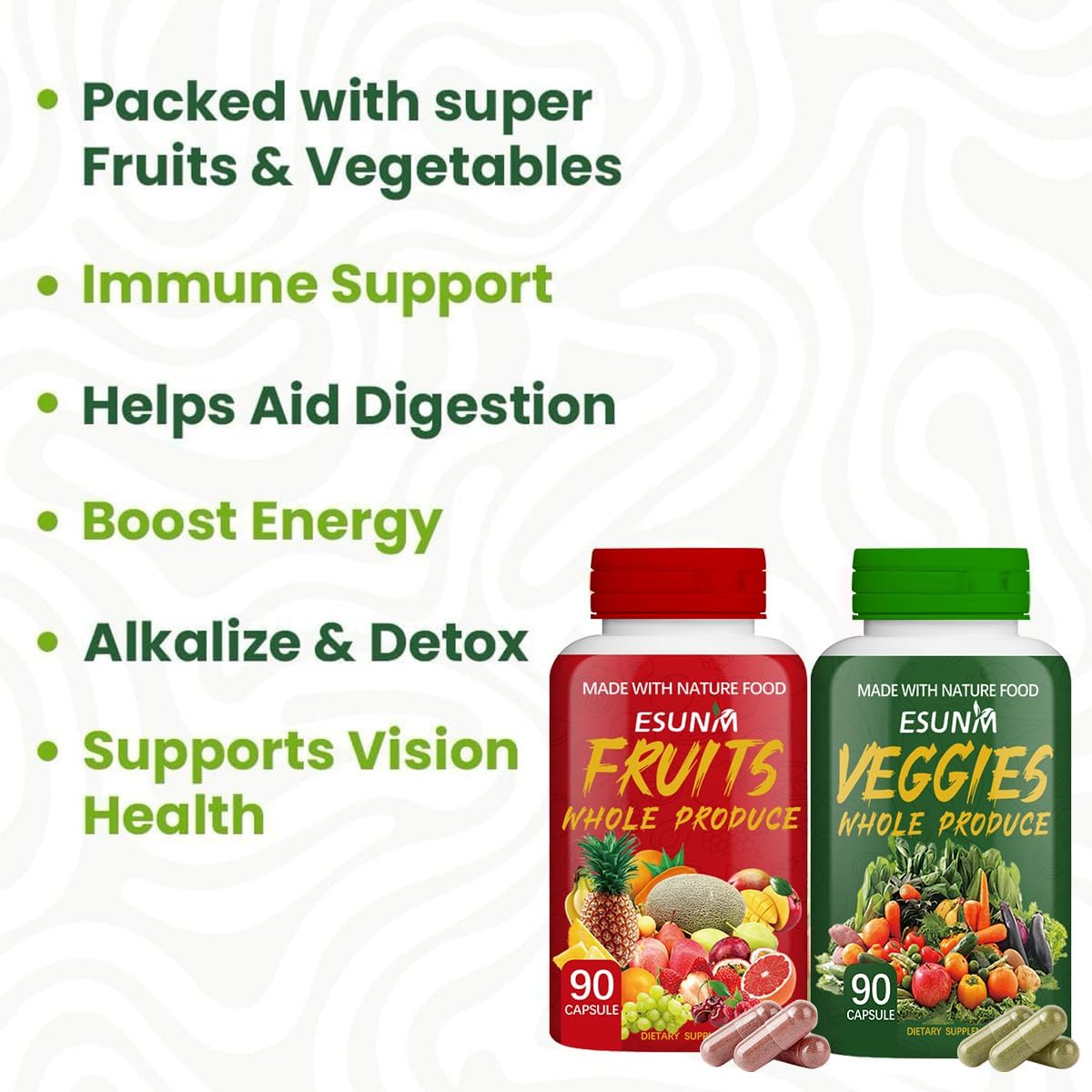 USA-Made ESUNM Fruits and Veggies Supplement - 90 Capsules Each for Energy, Lycopene, Vitamins & Minerals - Pack of 2 - 90 Count