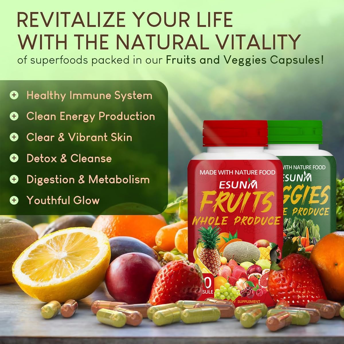 USA-Made ESUNM Fruits and Veggies Supplement - 90 Capsules Each for Energy, Lycopene, Vitamins & Minerals - Pack of 2 - 90 Count