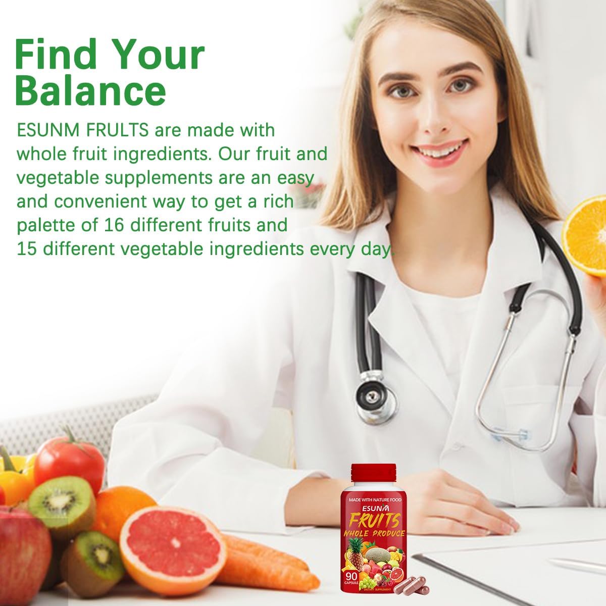 USA-Made ESUNM Fruits and Veggies Supplement - 90 Capsules Each for Energy, Lycopene, Vitamins & Minerals - Pack of 2 - 90 Count