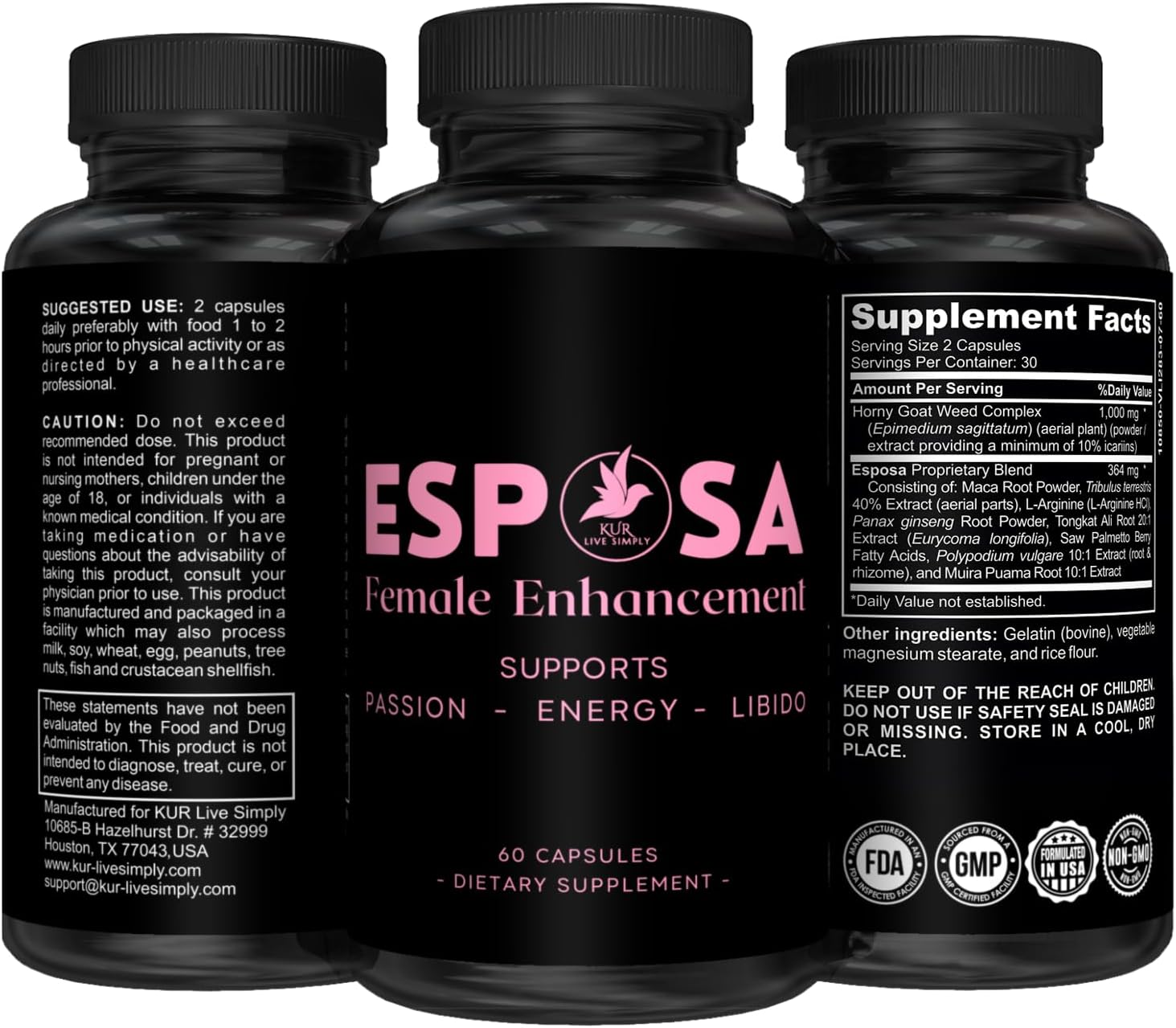 USA-Made Female Libido Booster Pills with Horny Goat Weed - Boost Energy, Mood, Desire - 60 Capsules - KUR Live Simply Esposa