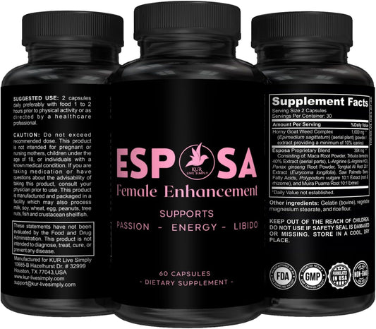 USA-Made Female Libido Booster Pills with Horny Goat Weed - Boost Energy, Mood, Desire - 60 Capsules - KUR Live Simply Esposa