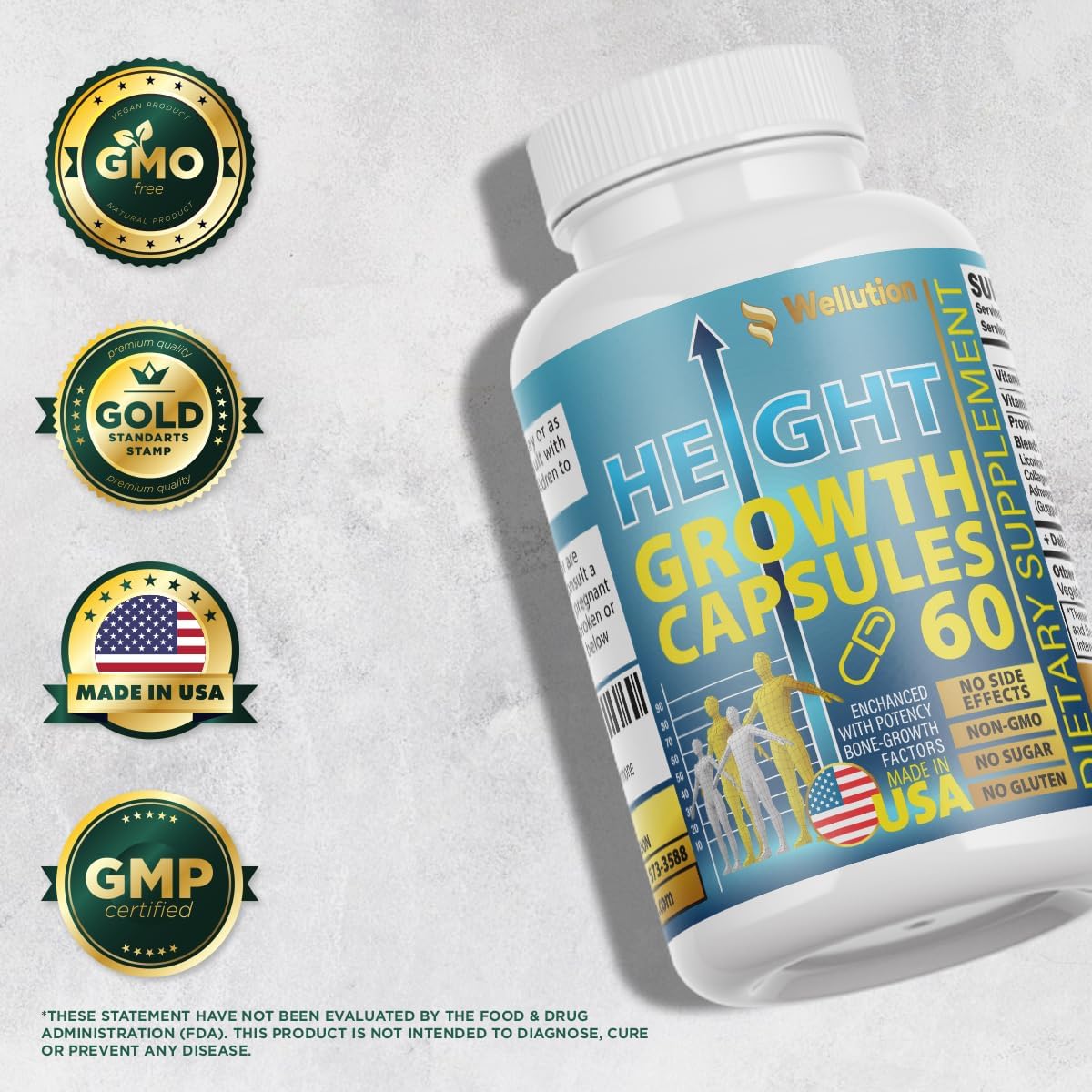 USA-Made Height Growth Maximizer Supplement with Calcium for Bone Strength and Support by WELLUTION