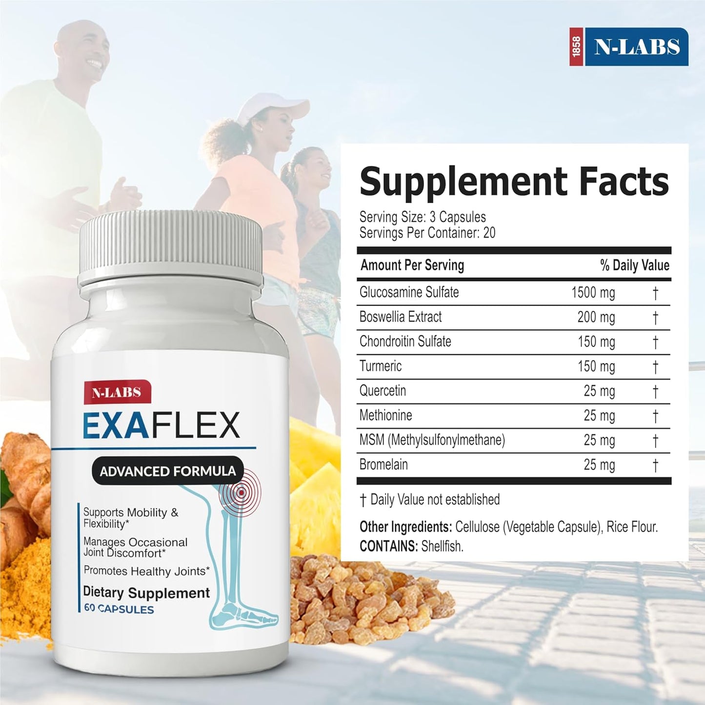 USA-Made Joint Supplement Capsules with Glucosamine, Chondroitin, MSM, Boswellia, Turmeric & Quercetin - Supports Joint Health for Men and Women - 60 Caps