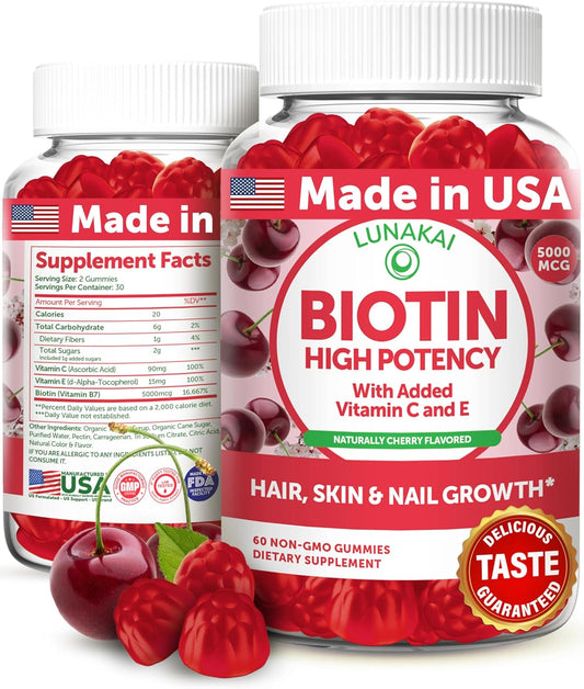USA Made Lunakai Biotin Gummies 5000mcg with Vitamin C & E - Hair, Skin, and Nails Vitamins for Women - Non-GMO Hair Growth Supplement - 60 Ct