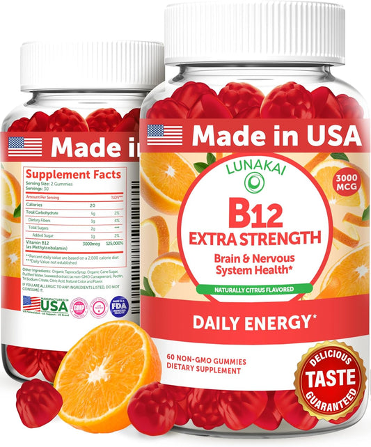 USA Made Lunakai Vegan Vitamin B12 Gummies - Extra Strength 3000mcg Methylcobalamin for Daily Energy & Metabolism Support - 60ct