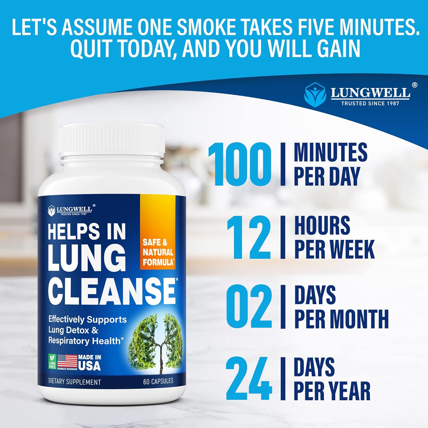 USA-Made Lung Cleanse & Health Supplement with Licorice Root, Ginger, Green Tea - 60 Capsules for Lung Support & Stress Relief