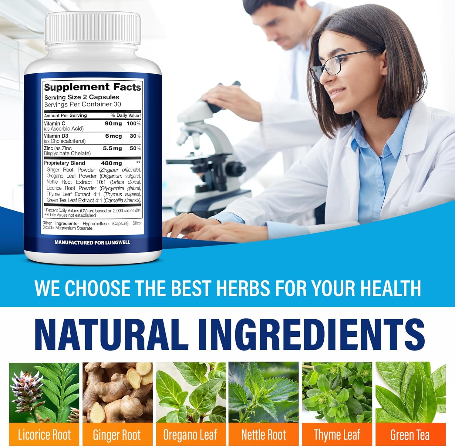 USA-Made Lung Cleanse & Health Supplement with Licorice Root, Ginger, Green Tea - 60 Capsules for Lung Support & Stress Relief