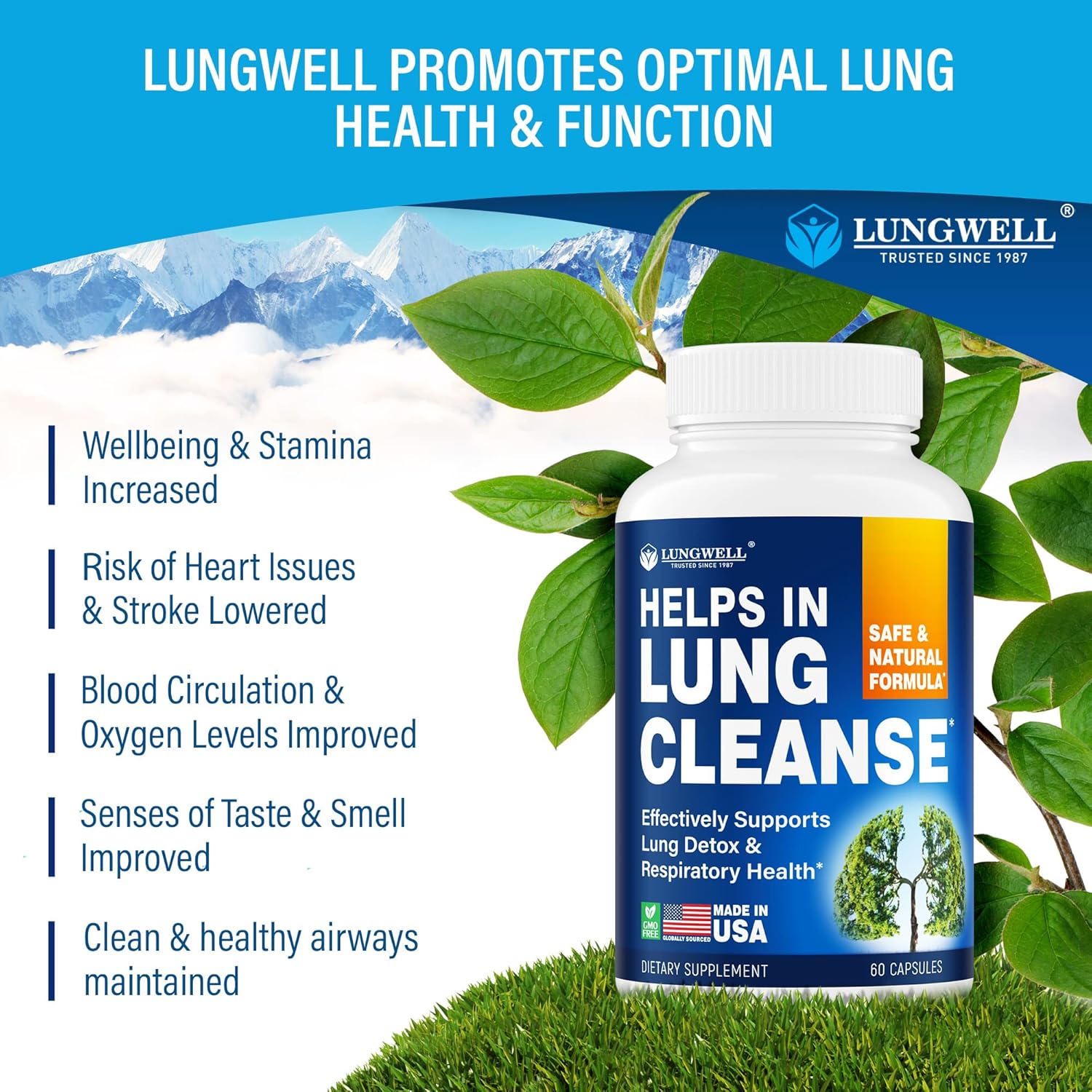 USA-Made Lung Cleanse & Health Supplement with Licorice Root, Ginger, Green Tea - 60 Capsules for Lung Support & Stress Relief