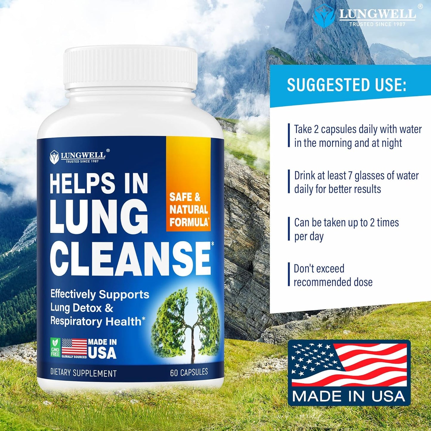 USA-Made Lung Cleanse & Health Supplement with Licorice Root, Ginger, Green Tea - 60 Capsules for Lung Support & Stress Relief