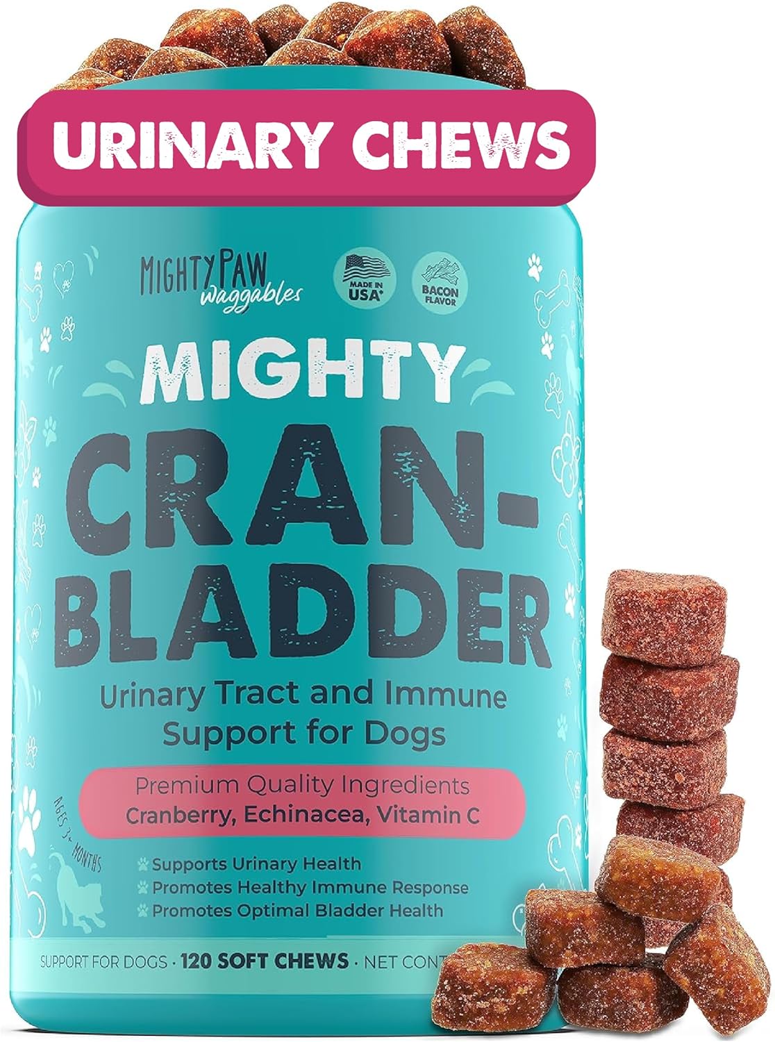 USA-Made Mighty Paw Waggables Cran-Bladder: Cranberry Chews for Dogs. Supports Urinary Tract, Kidney, & Bladder Health. Antioxidant Immune Support (120 Count)