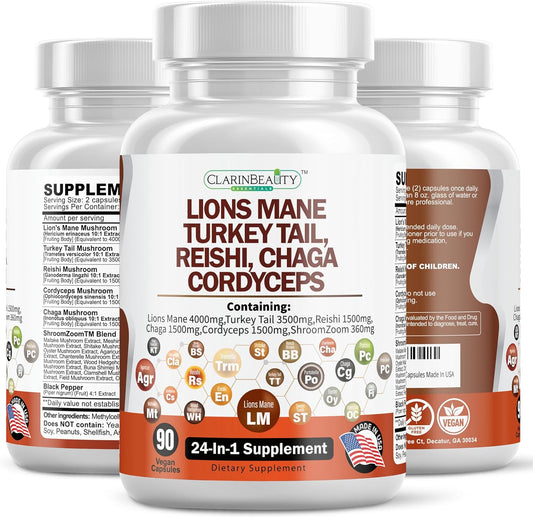 USA-Made Mushroom Supplement with Lions Mane, Turkey Tail, Reishi, Cordyceps, Chaga, Maitake, and More - 90 Capsules, 4000mg Lions Mane, 3500mg Turkey Tail, 1500mg Each of Reishi, Cordyceps, Chaga - Extra Strength