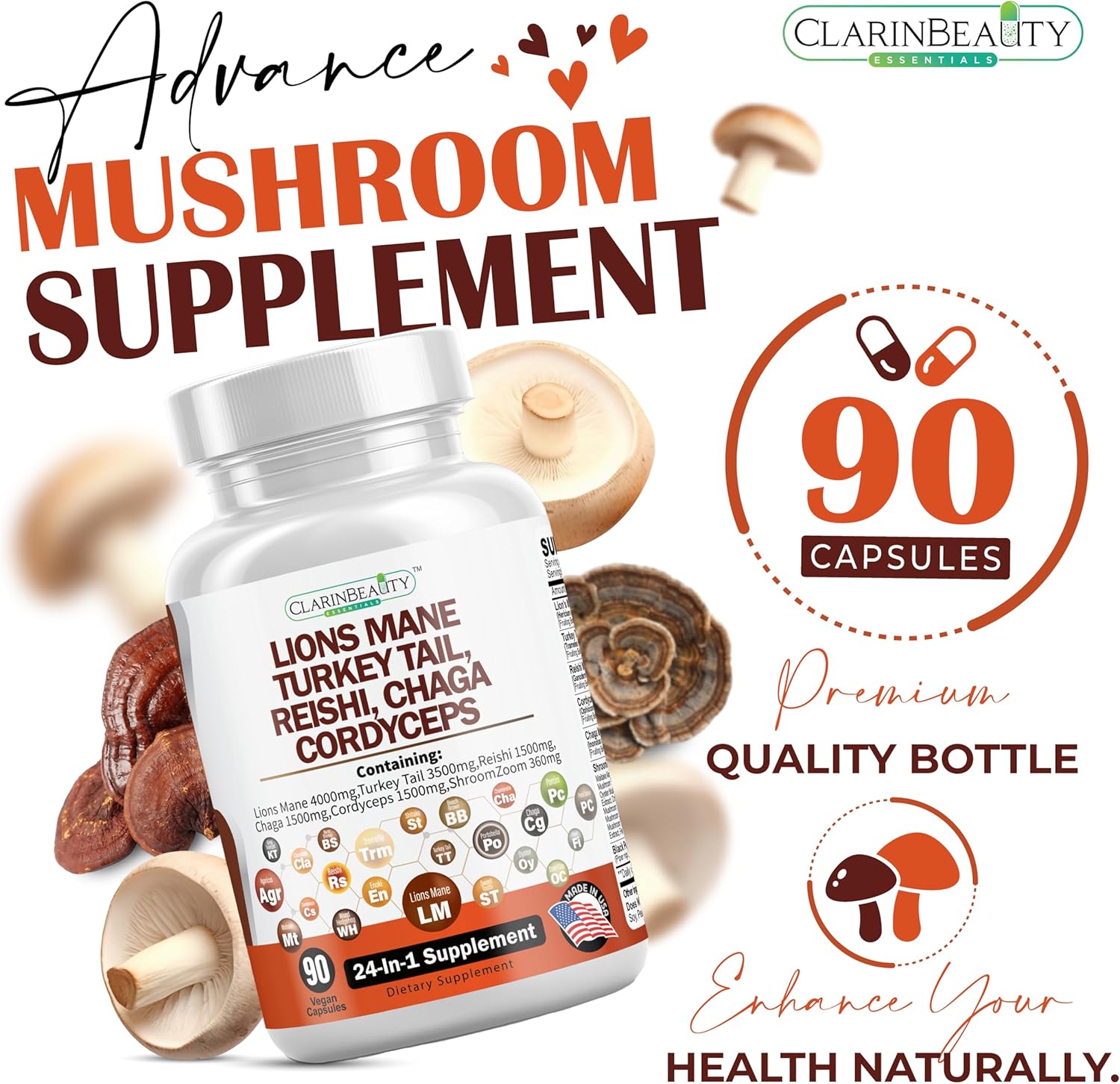 USA-Made Mushroom Supplement with Lions Mane, Turkey Tail, Reishi, Cordyceps, Chaga, Maitake, and More - 90 Capsules, 4000mg Lions Mane, 3500mg Turkey Tail, 1500mg Each of Reishi, Cordyceps, Chaga - Extra Strength