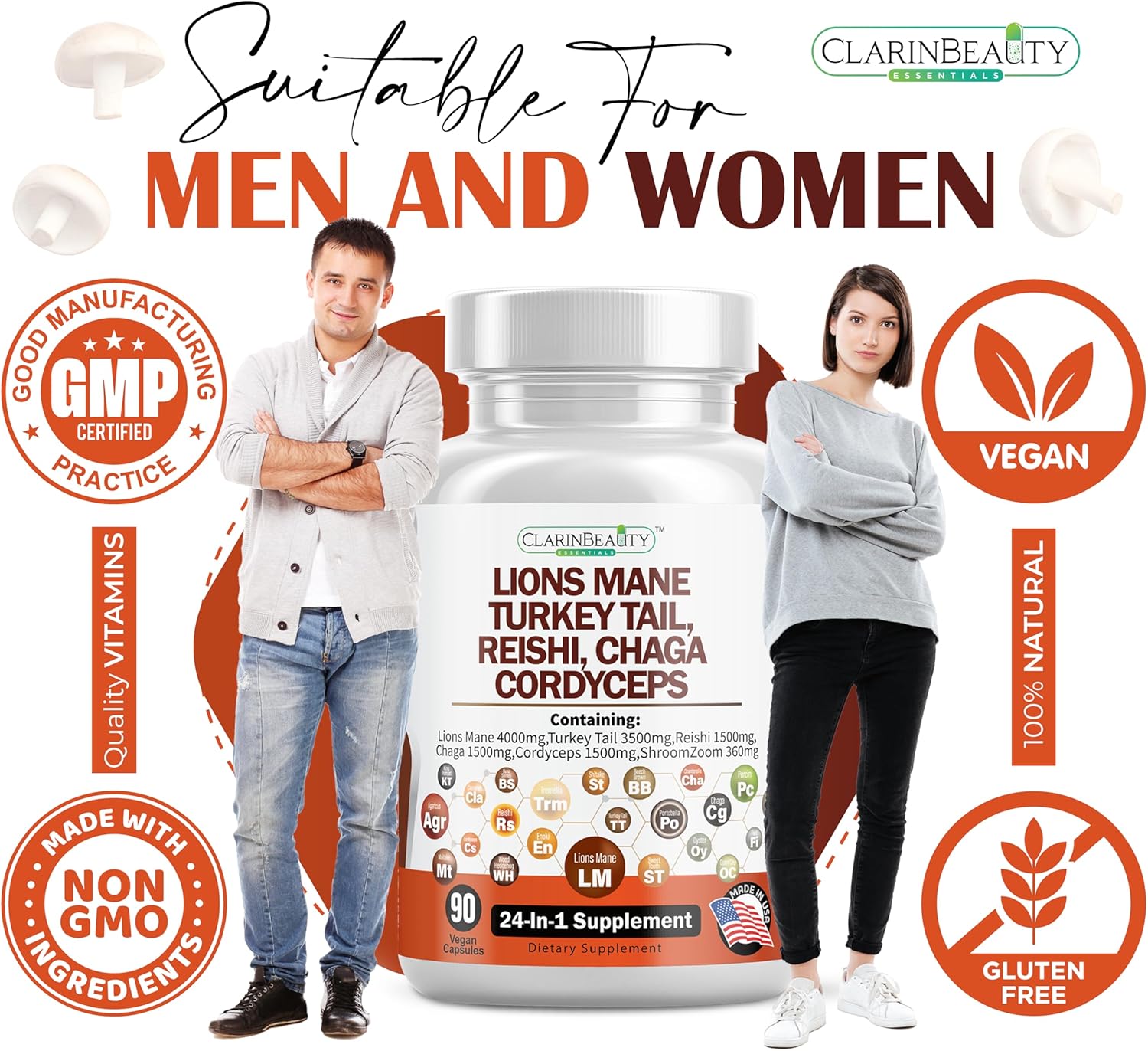 USA-Made Mushroom Supplement with Lions Mane, Turkey Tail, Reishi, Cordyceps, Chaga, Maitake, and More - 90 Capsules, 4000mg Lions Mane, 3500mg Turkey Tail, 1500mg Each of Reishi, Cordyceps, Chaga - Extra Strength