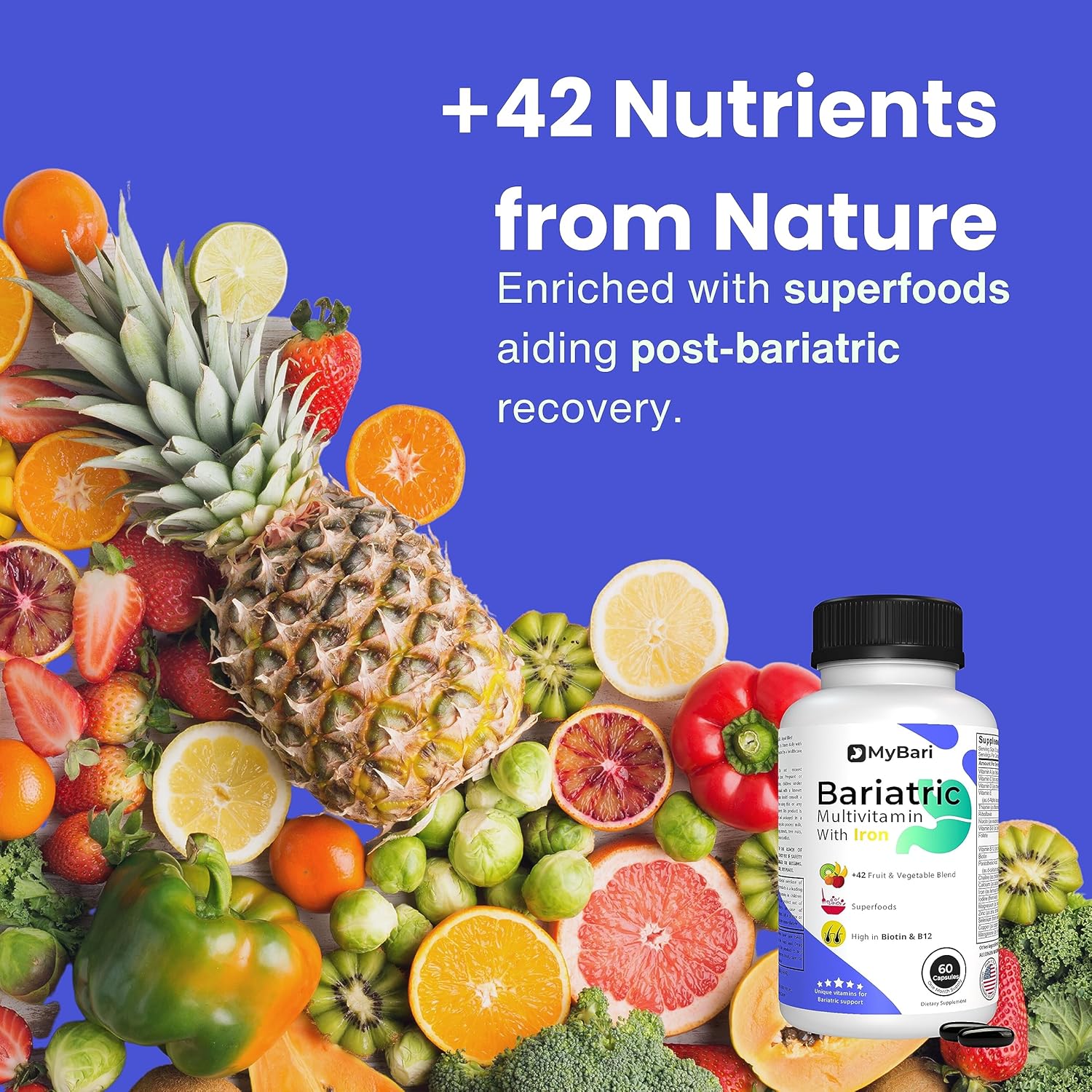 USA-Made MyBari All-in-One Bariatric Multivitamin with Iron for Men & Women - Supports Gastric Sleeve & Bypass - 60 Liquid Capsules with 42+ Fruit & Veggie Blend