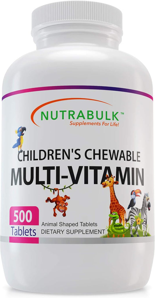 USA-Made NutraBulk Children's Chewable Multi-Vitamins - Supports Kids' Immune, Bone, Brain & Overall Well-Being - Vegan & Gluten-Free - 500 Cherry Tablets