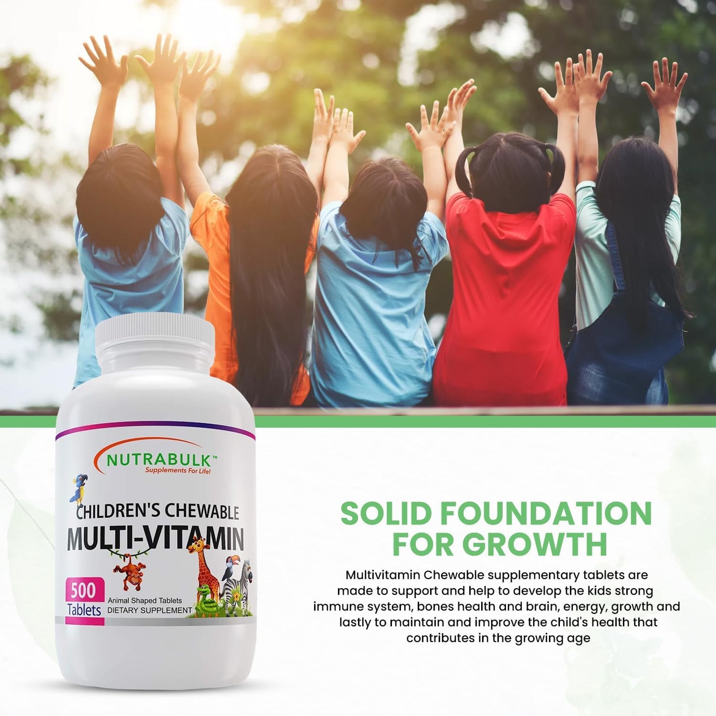 USA-Made NutraBulk Children's Chewable Multi-Vitamins - Supports Kids' Immune, Bone, Brain & Overall Well-Being - Vegan & Gluten-Free - 500 Cherry Tablets
