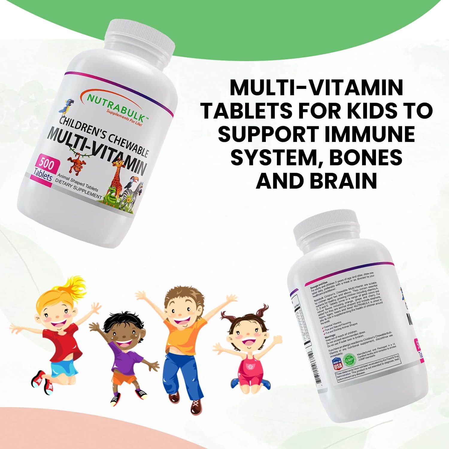 USA-Made NutraBulk Children's Chewable Multi-Vitamins - Supports Kids' Immune, Bone, Brain & Overall Well-Being - Vegan & Gluten-Free - 500 Cherry Tablets